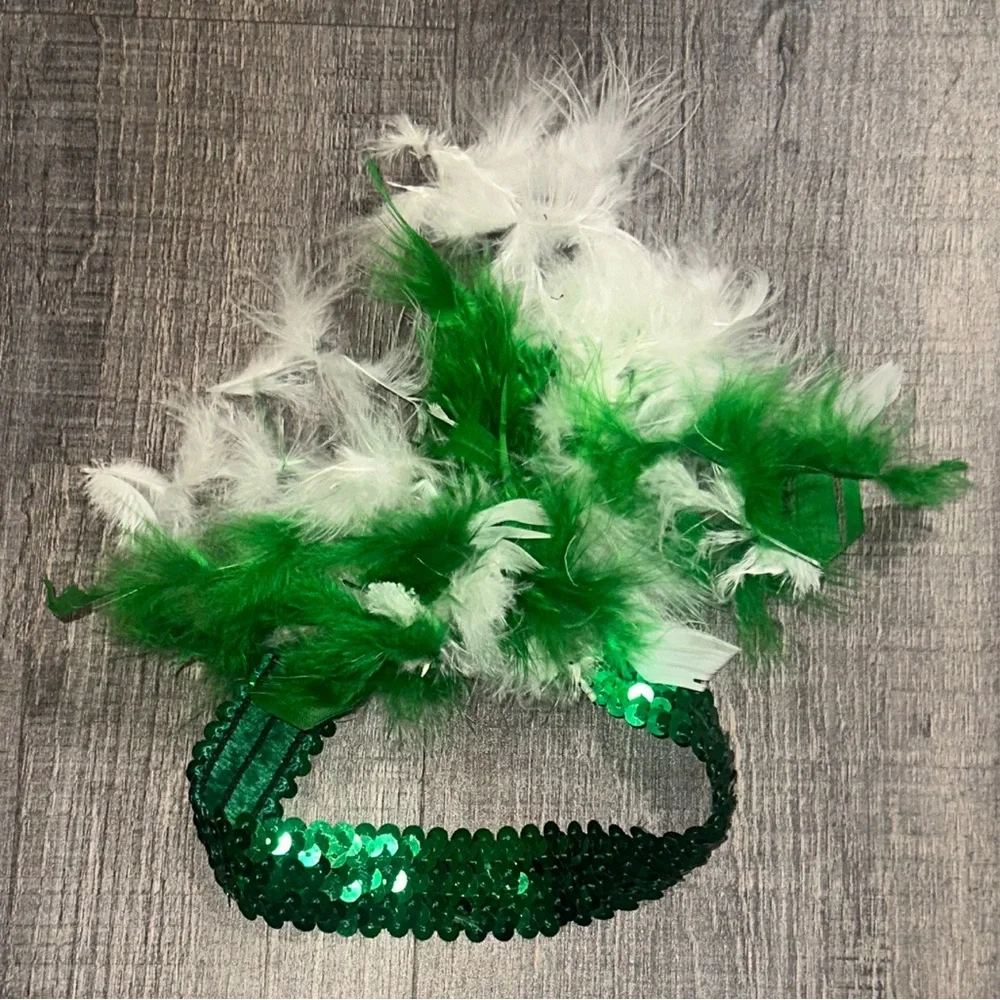 💞 Green and White Feather & Sequin Headband